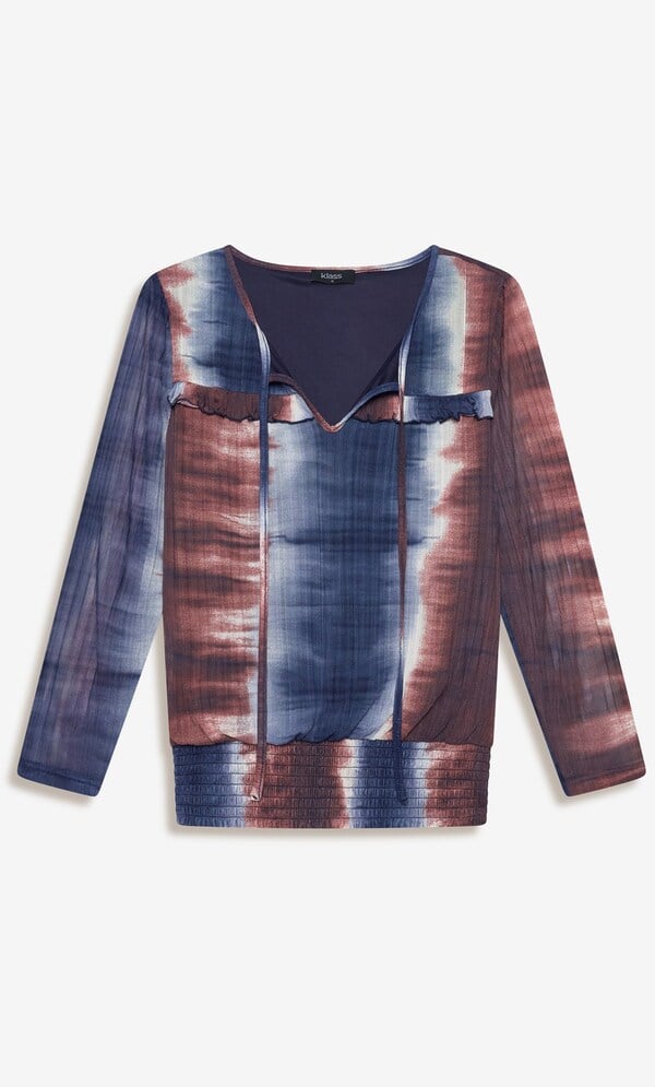 Printed Pleated Smocked Hem Top