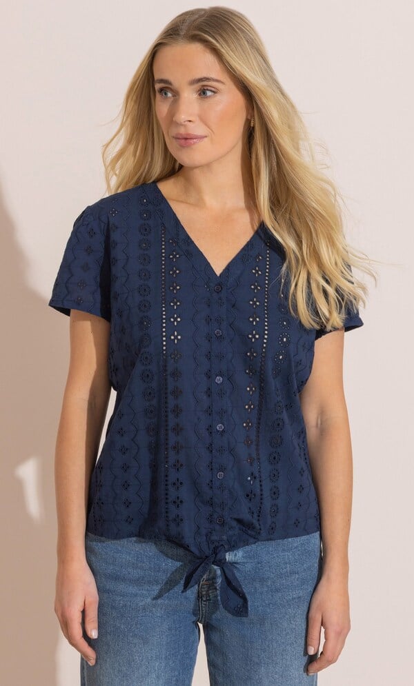Schiffli Embroidered Tie Front Cotton Shirt