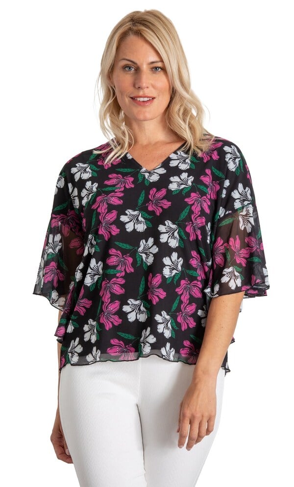 Floral Printed Angel Sleeve Mesh Top
