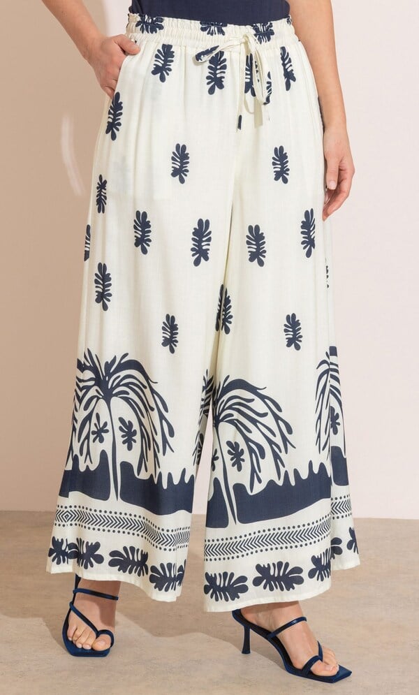 Printed Pull On Wide Leg Trousers