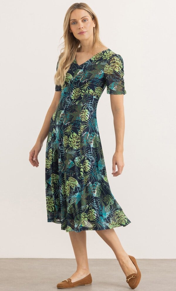 Leaf Print Panelled Mesh Dress