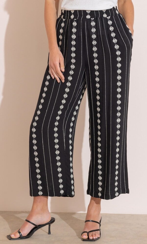 Embroidered Wide Leg Cropped Trousers