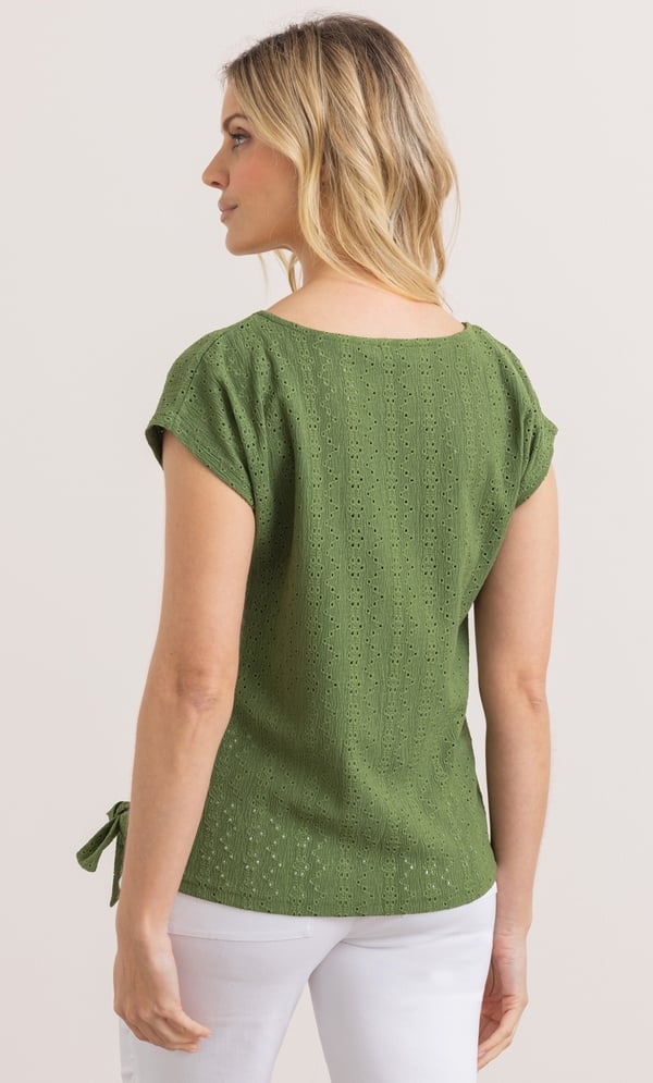 Eyelet Embroidered Tie Front Jersey Top