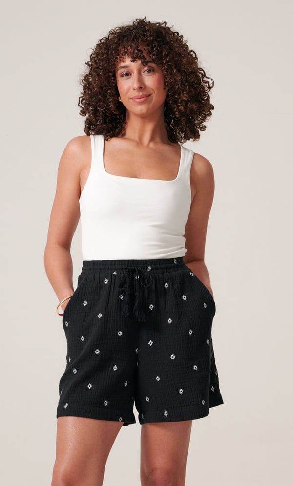 Embroidered Textured Cotton Pull On Shorts