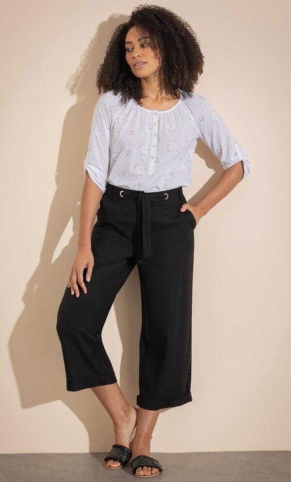Wide Leg Cropped Linen Blend Trousers