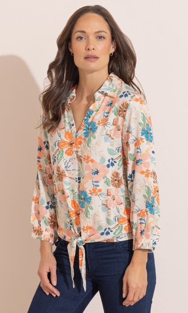 Tie Front Floral Print Top