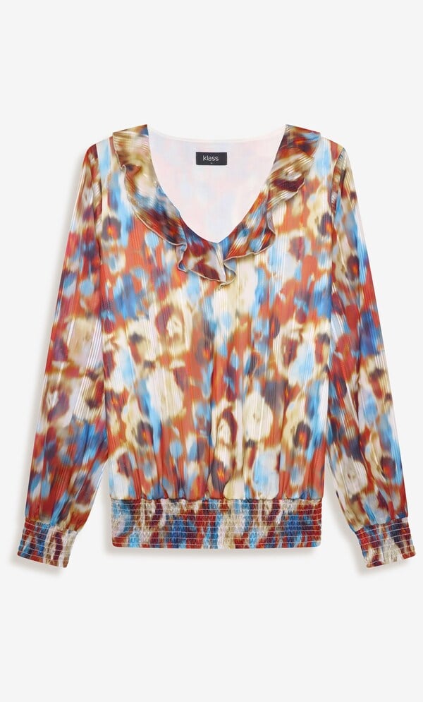 Abstract Print Shirred Hem Blouse