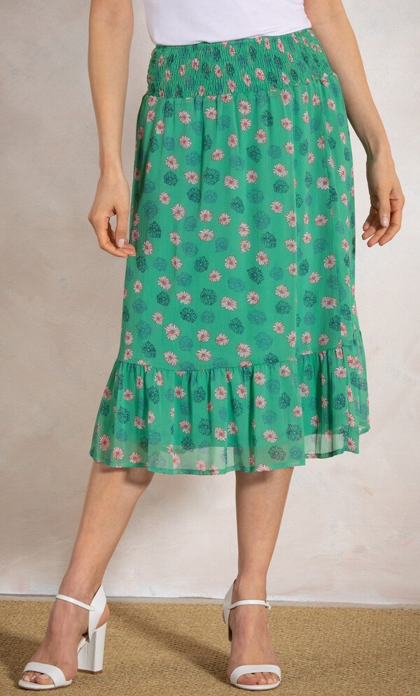 Printed Smocked Waist Midi Skirt