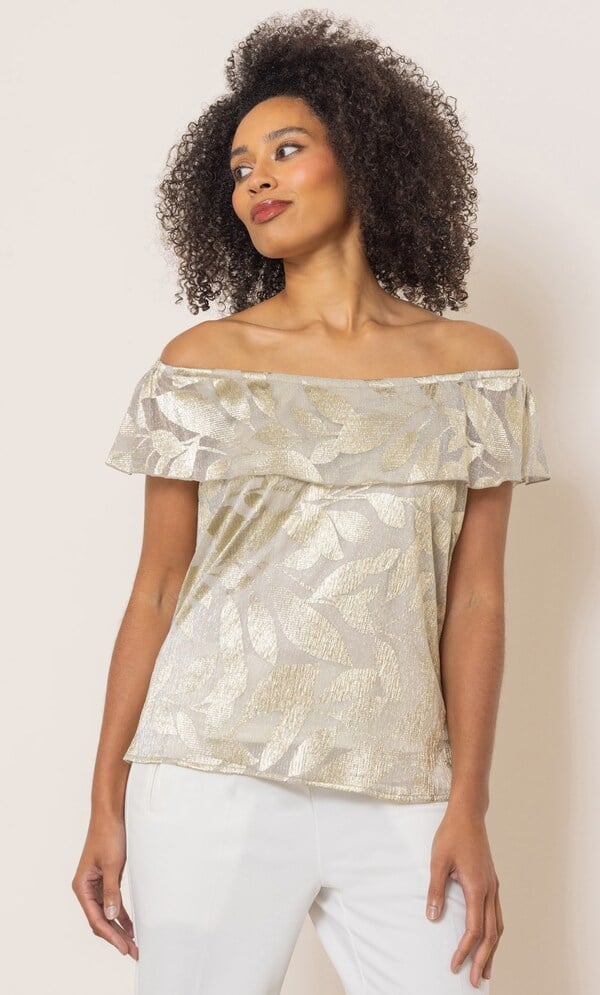 Metallic Leaf Print Bardot Top