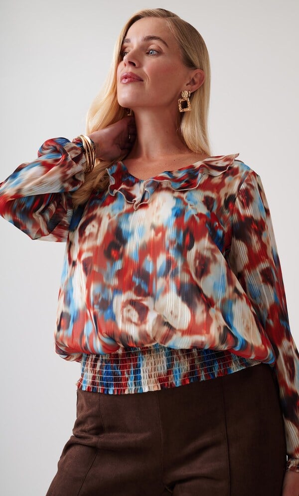 Abstract Print Shirred Hem Blouse