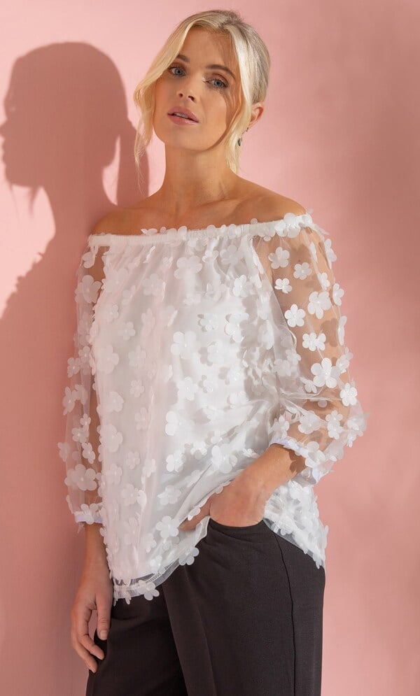 Floral Applique Bardot Top in Ivory | Klass