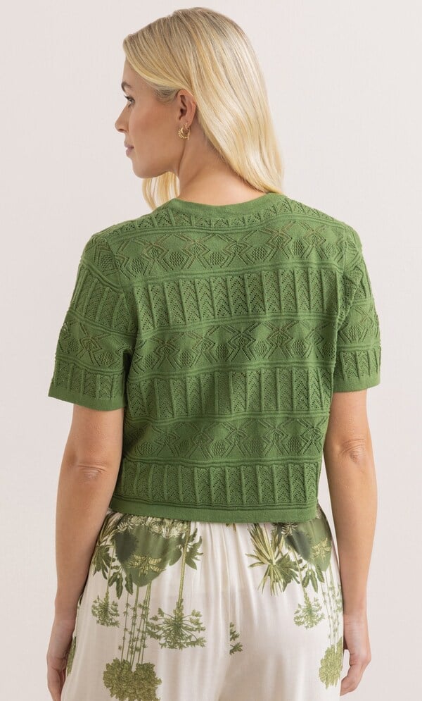 Short Sleeve Cropped Pointelle Cotton Cardigan