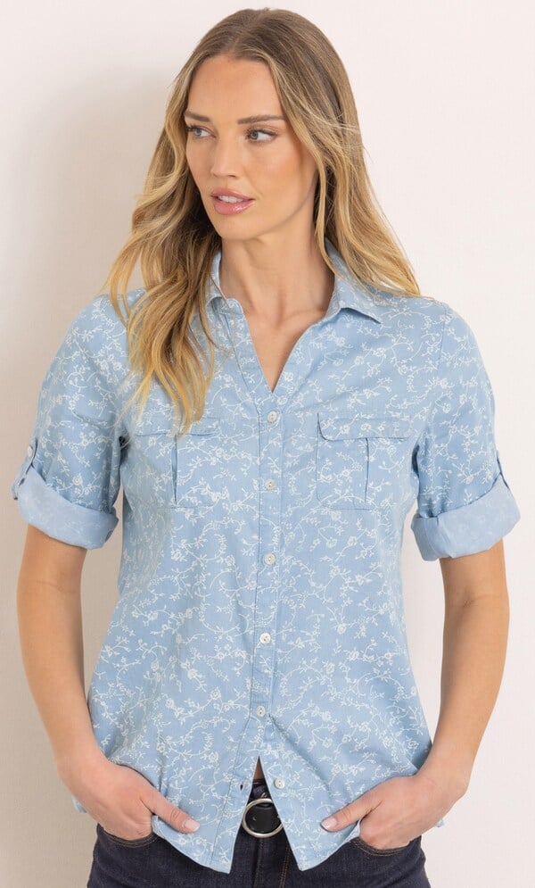 Floral Printed Cotton Denim Blouse
