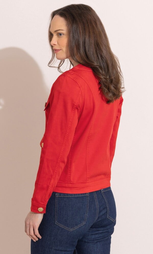 Collarless Cotton Blend Denim Jacket