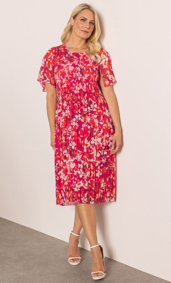 Holidae Pleated Frill Detail Dress Botanic Print Pink