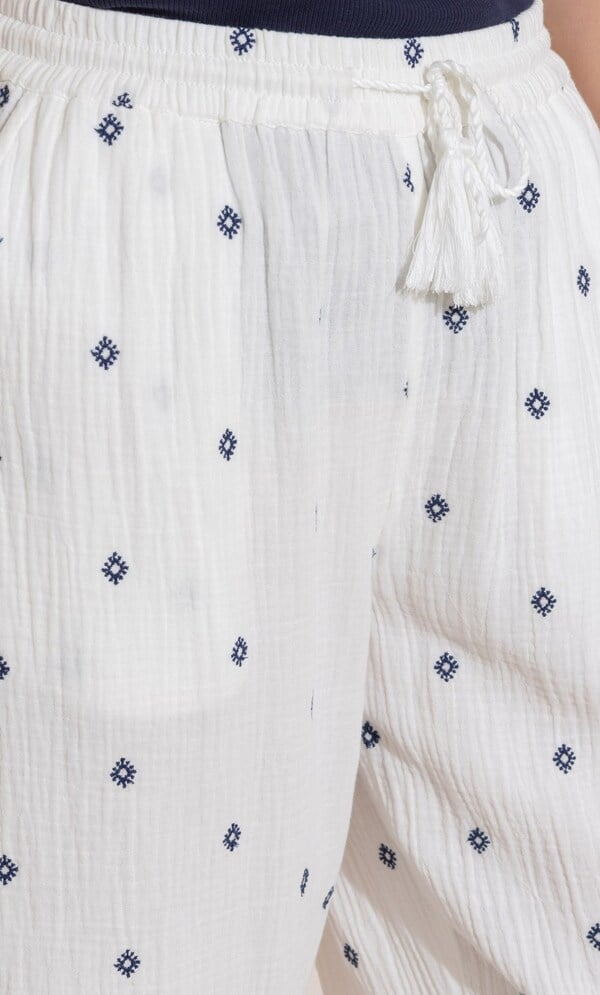 Embroidered Textured Cotton Wide Leg Cropped Trousers