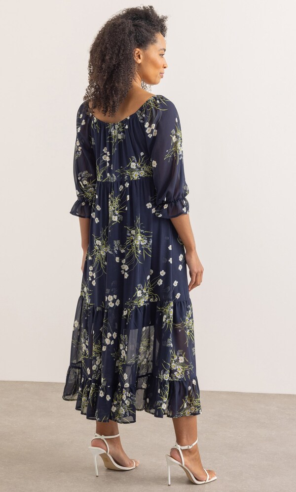 Garden Print Tiered Midaxi Dress in Blue | Klass