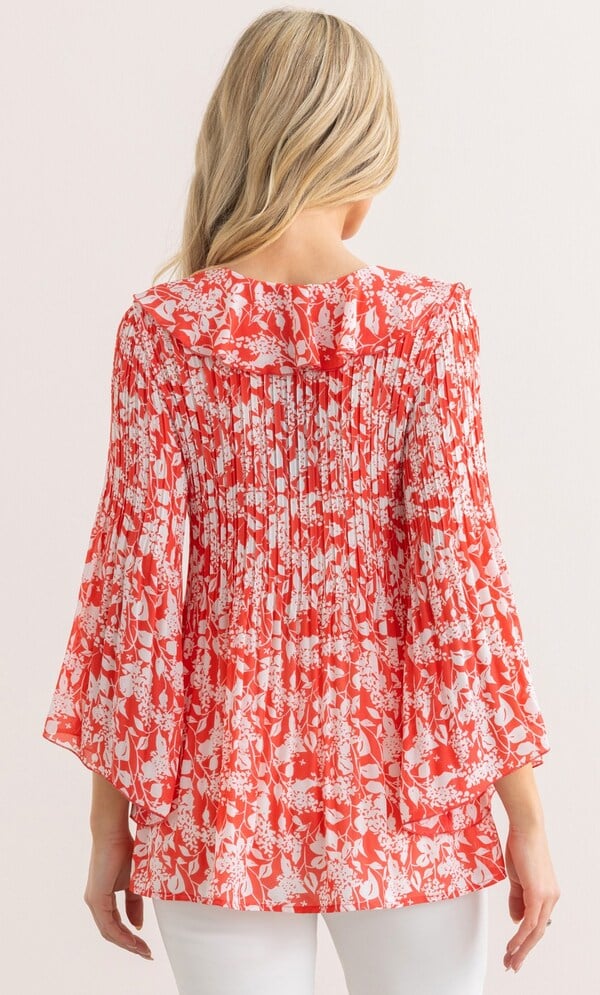 Floral Print Pleated Ruffle Top