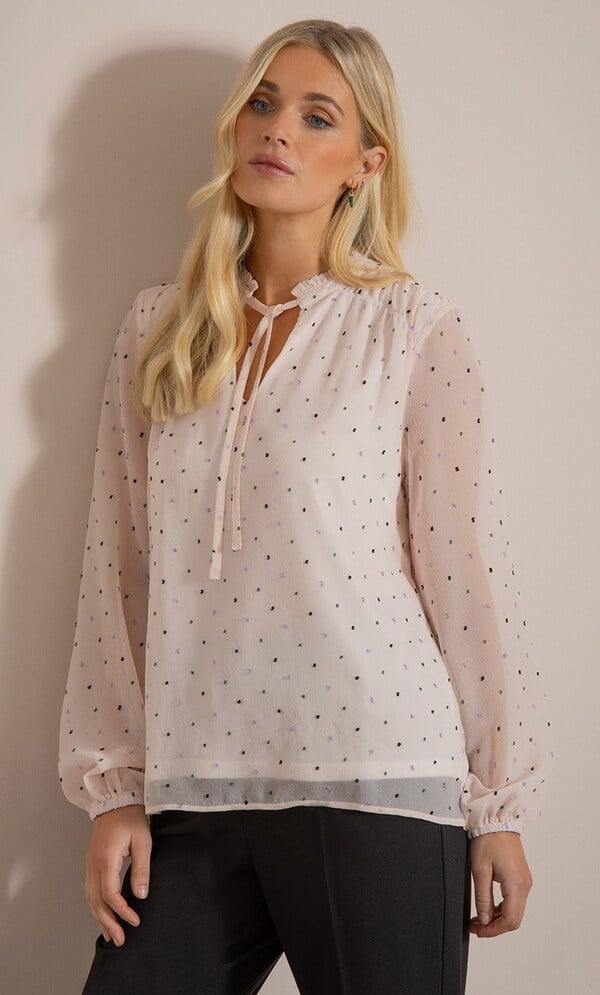 Dobby Spot Chiffon Tie Neck Top