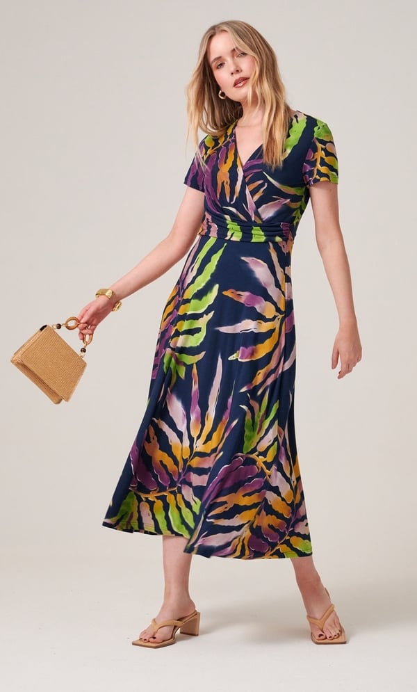 knee length dresses for ladies Multicolor Fruit Landscape Short Sleeve Midi Dress – FARM Rio main image 1