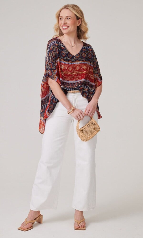 Printed Cold Shoulder Kimono Blouse