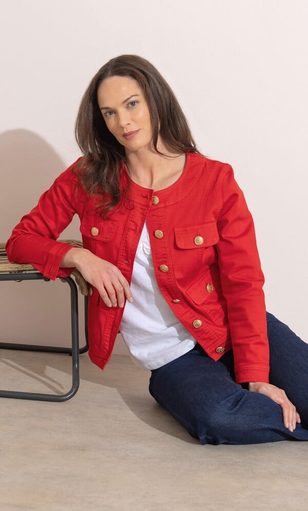 Collarless Cotton Blend Denim Jacket