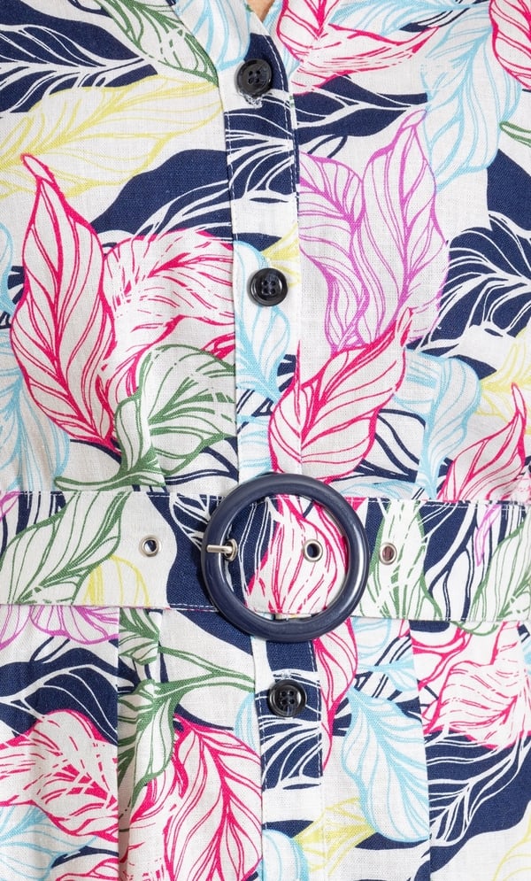 Anna Rose Belted Leaf Print Linen Blend Dress