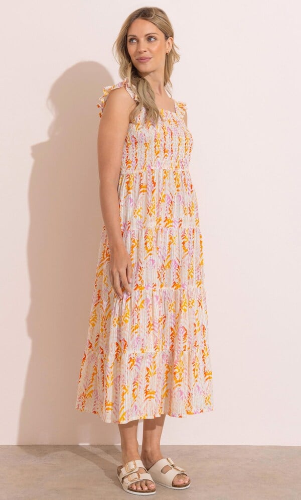 Smocked Printed Midaxi Cotton Dress