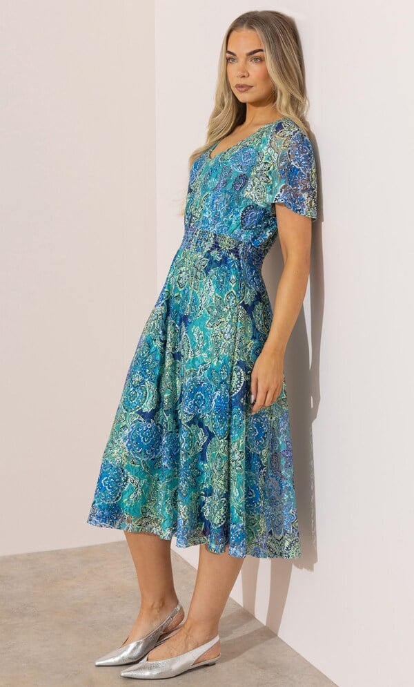 Short Sleeve Printed Mesh Dress