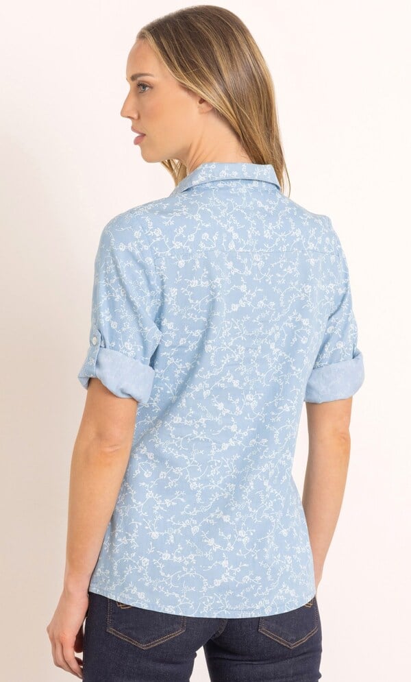 Floral Printed Cotton Denim Blouse