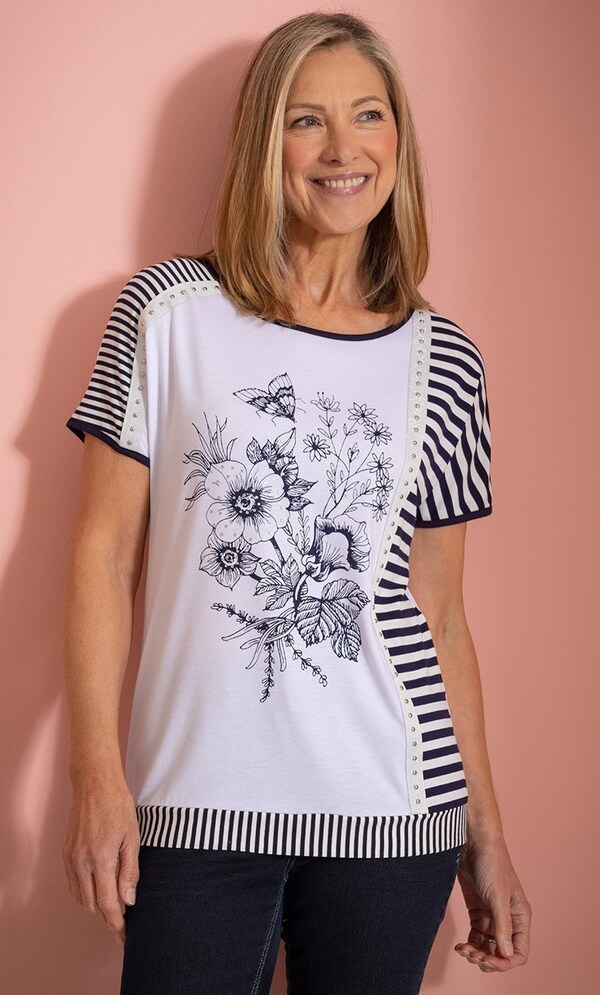 Anna Rose Embellished Patchwork Print Top