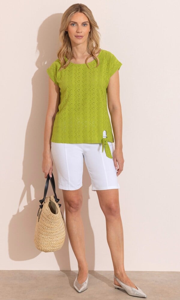 Eyelet Embroidered Tie Front Jersey Top