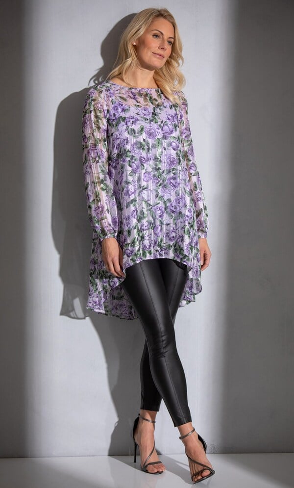 Floral And Stripe Shimmer Dip Hem Georgette Tunic Top