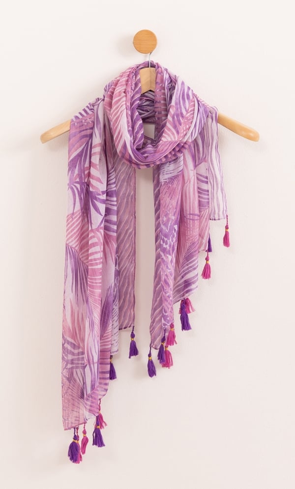 Lightweight Leaf Print Tassel Shimmer Scarf