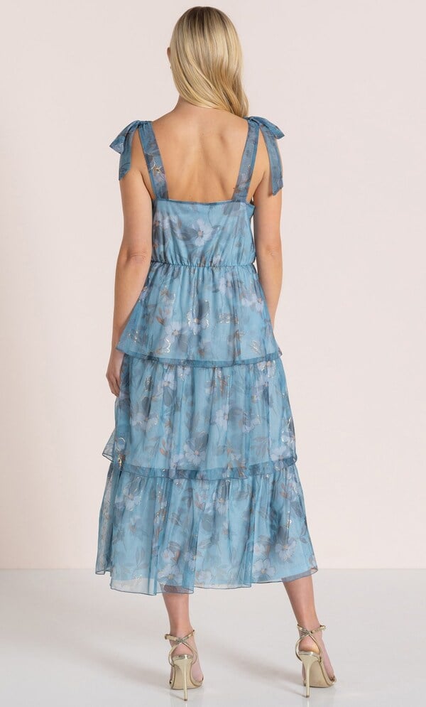 Floral Shimmer Tiered Mesh Midi Dress