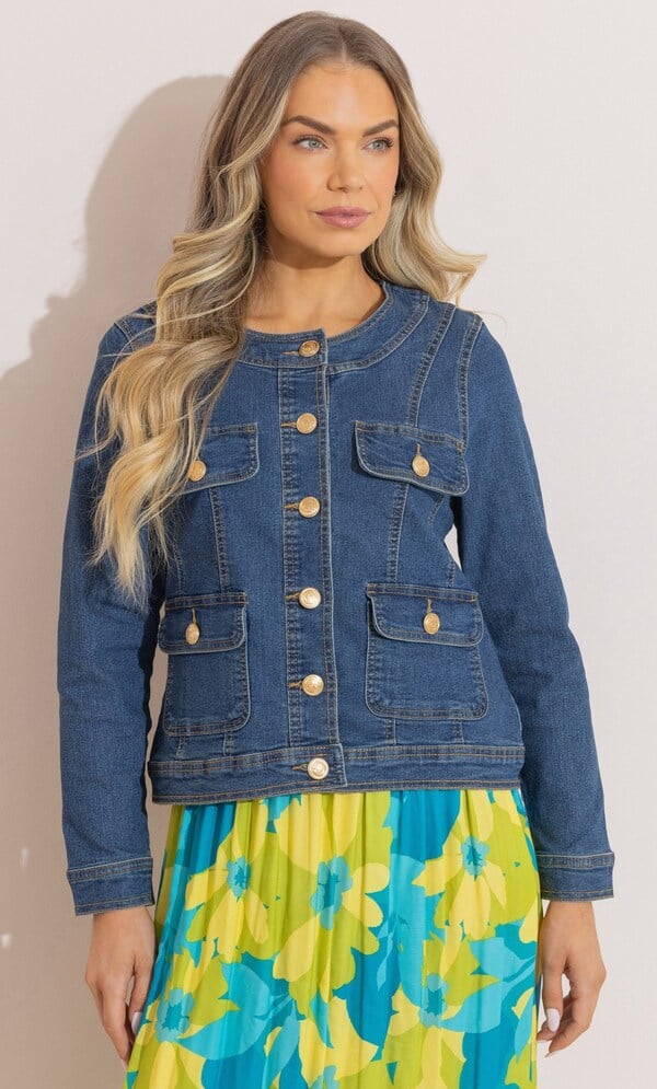 Collarless Washed Denim Jacket