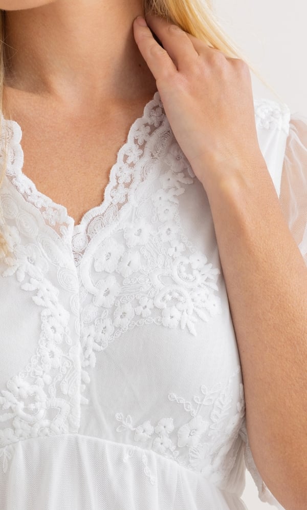 Embroidered V Neck Mesh Top