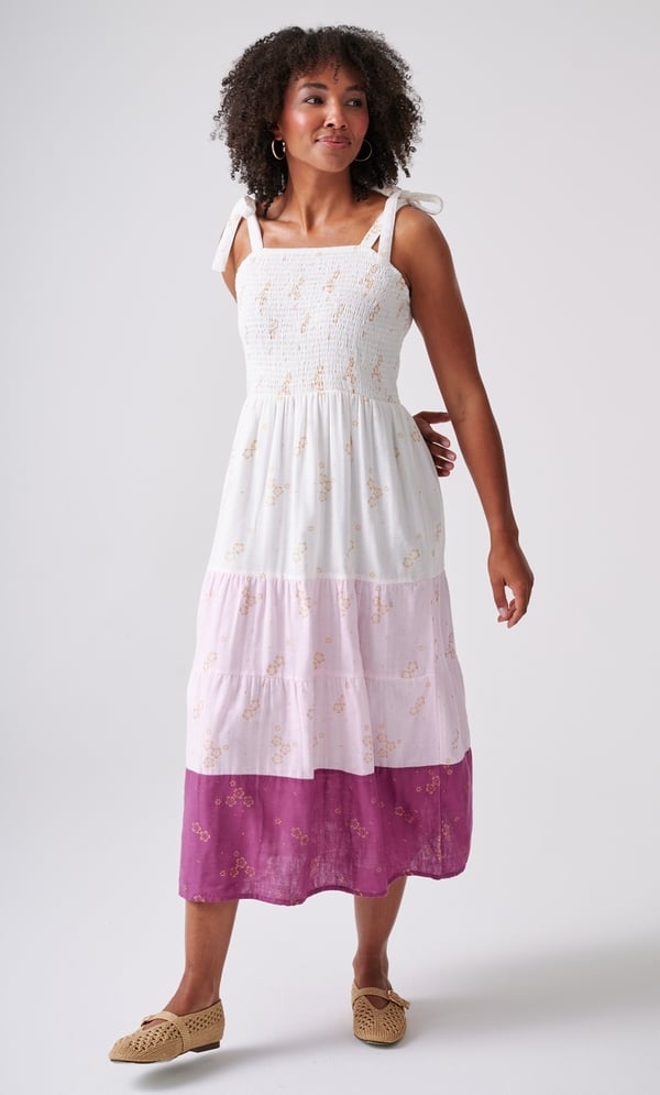 Floral Shimmer Print Smocked Cotton Midaxi Dress