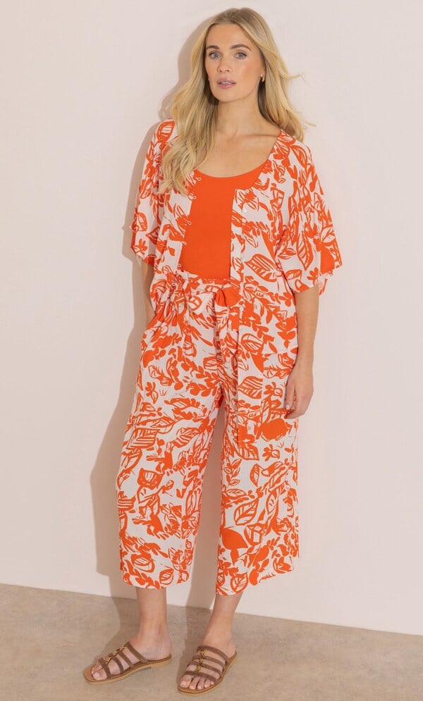 Botanical Print Cropped Wide Leg Trousers