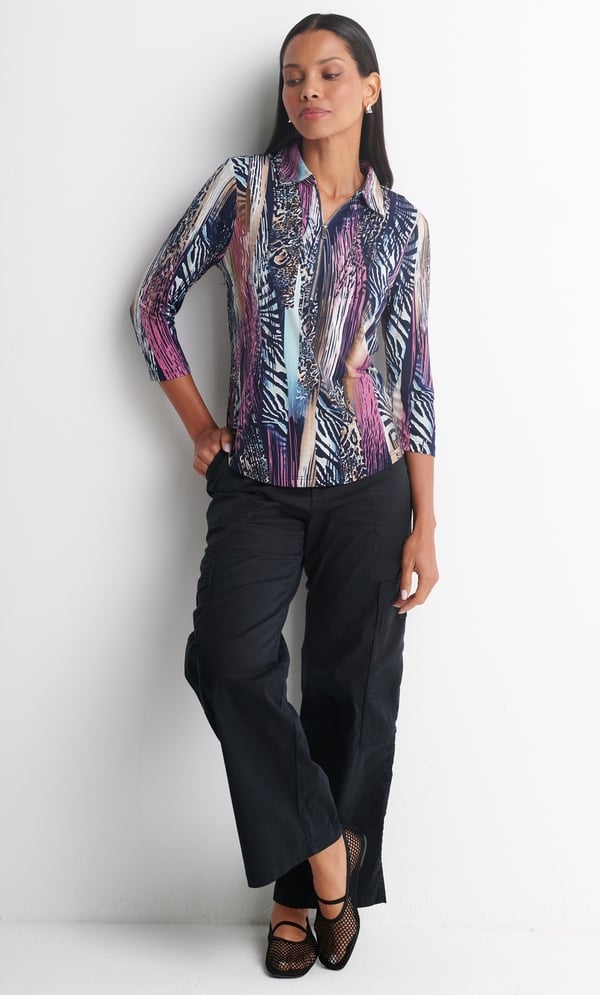 Anna Rose Textured Print Zip Detail Polo Top