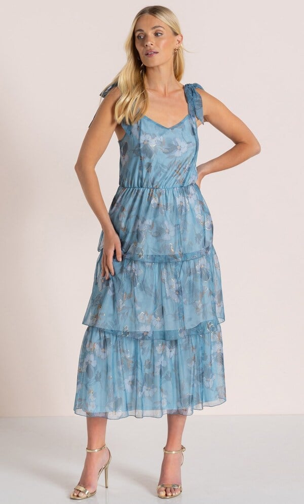 Floral Shimmer Tiered Mesh Midi Dress