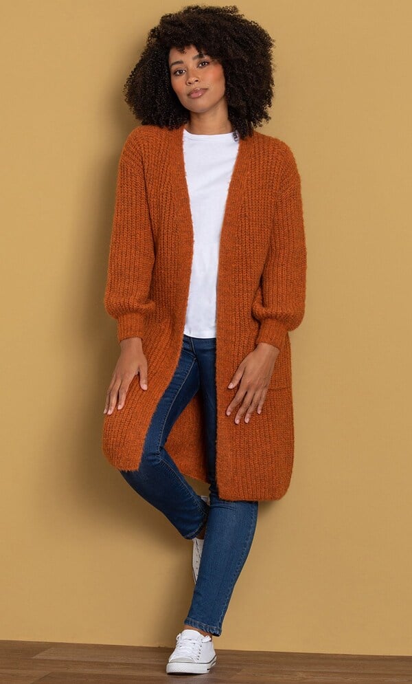 Open Front Longline Cardigan in Orange | Klass