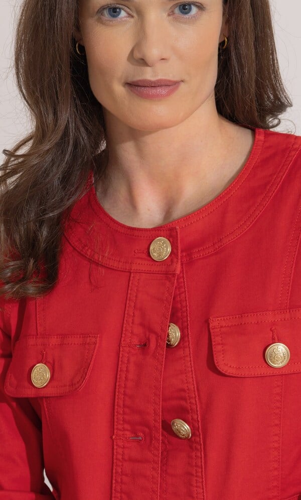 Collarless Cotton Blend Denim Jacket