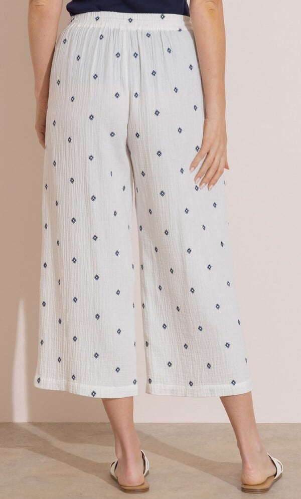 Embroidered Textured Cotton Wide Leg Cropped Trousers
