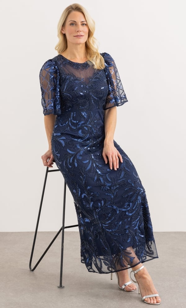 Embellished Wide Sleeve Mesh Maxi Dress