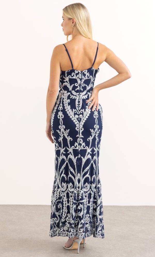 Sequinned Mesh Bandeau Maxi Dress in Blue | Klass