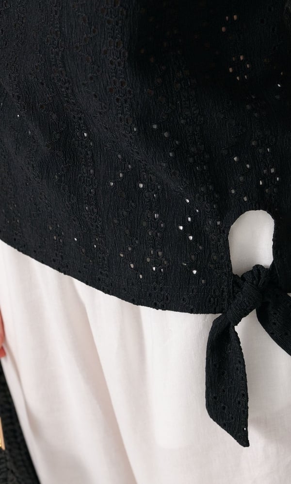 Eyelet Embroidered Tie Front Jersey Top