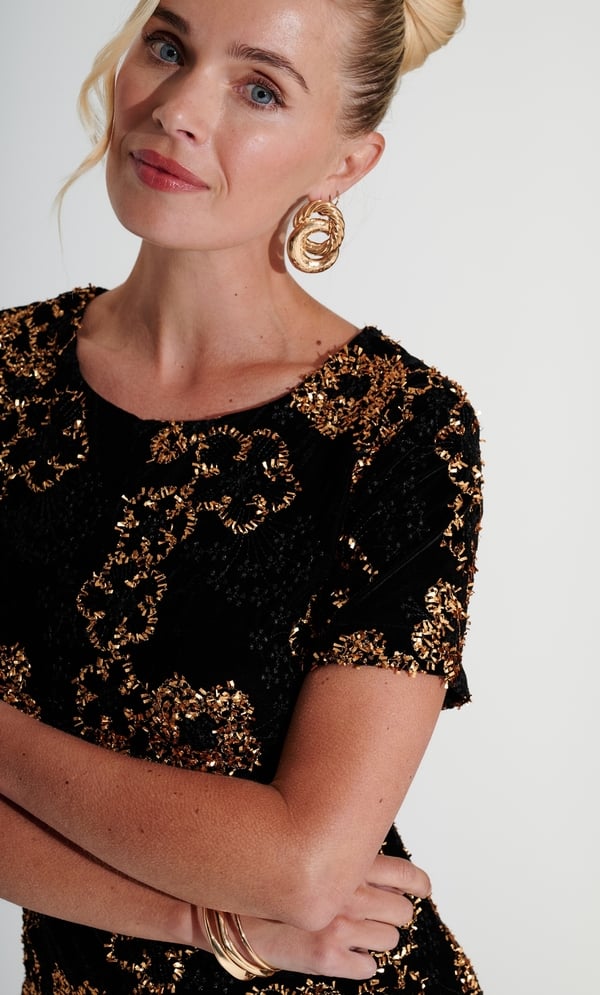 Embroidered Short Sleeve Velvet Dress