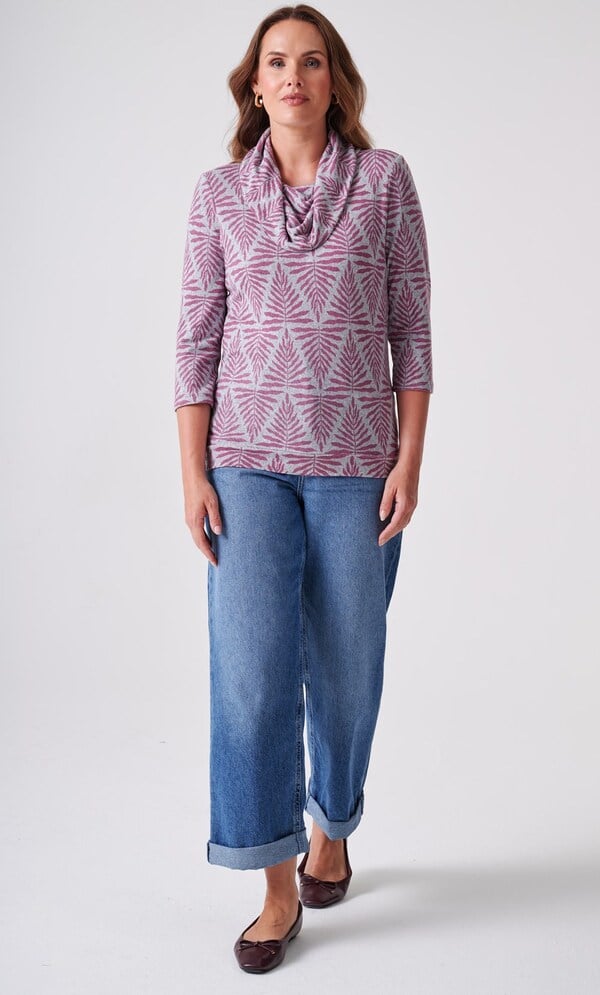 Anna Rose Botanical Leaf Print Cowl Neck Jumper