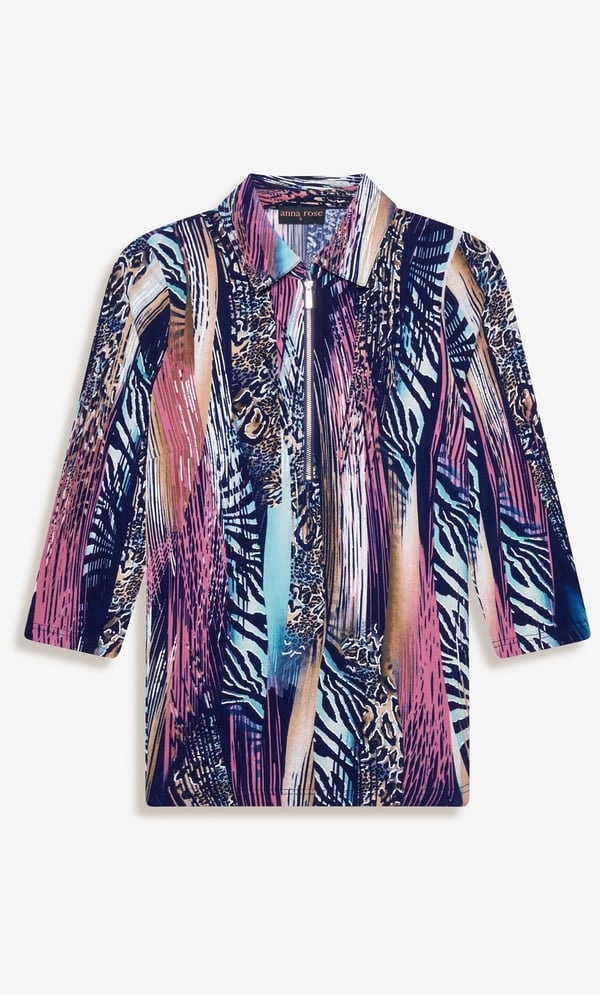 Anna Rose Textured Print Zip Detail Polo Top